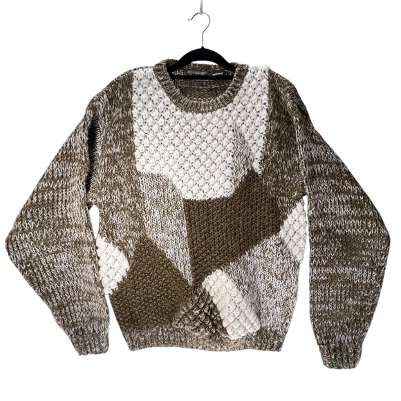 Index 3D Knit Sweater Textured Patchwork Wool Blend Med Green Tan Chunky Nobby - Picture 1 of 8